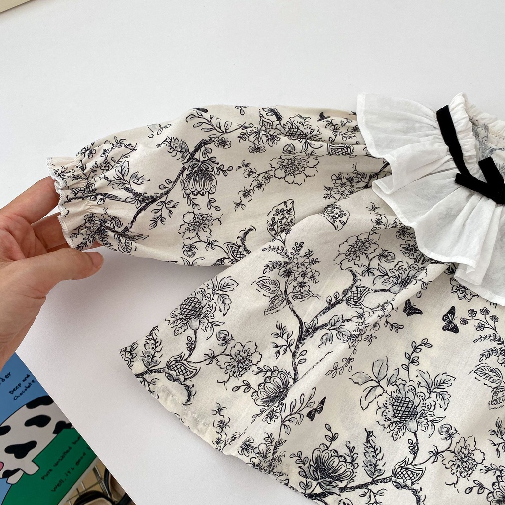 Bộ Đồ Áo Tay Dài Phối Ren Thắt Nơ + Quần Dài Phong Cách Mới Dành Cho Bé Gái 2023