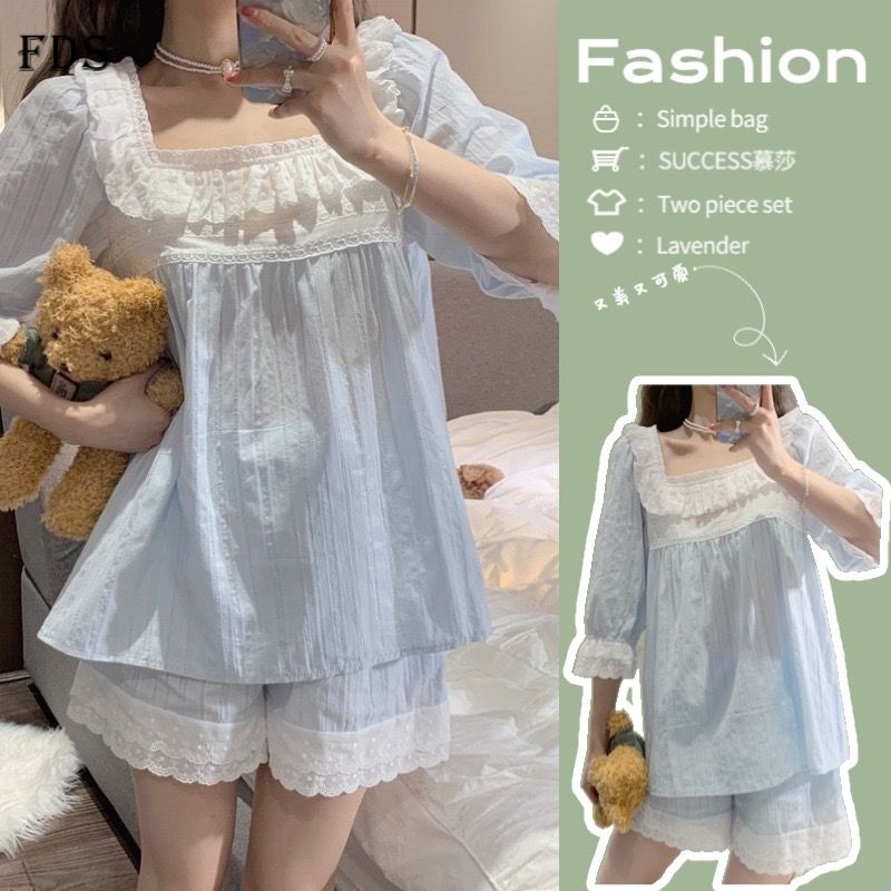 Fds fds bộ đồ ngủ nữ cotton mùa hè cổ vuông ren phong cách hàn quốc thời trang rộng rãi thoải mái quần short tay ngắn bộ đồ màu xanh