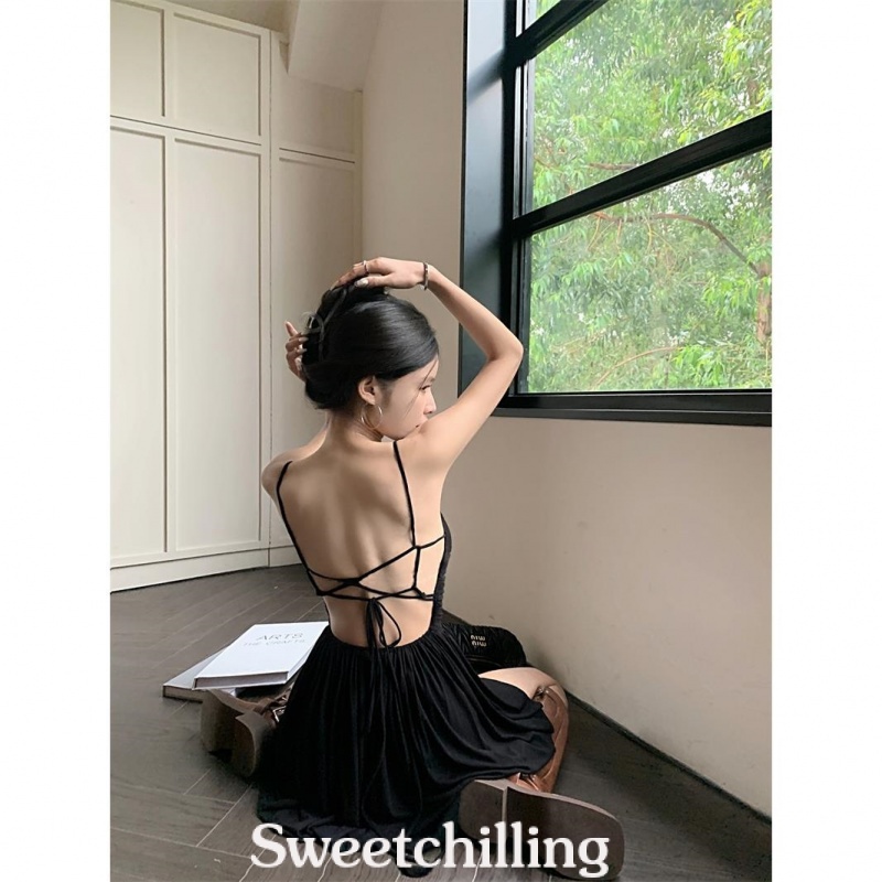 SweetChilling Đầm Múa Ba Lê Hai Dây Hở Lưng Dáng Chữ A Màu Đen Thời Trang Mùa Hè Quyến Rũ Cho Nữ