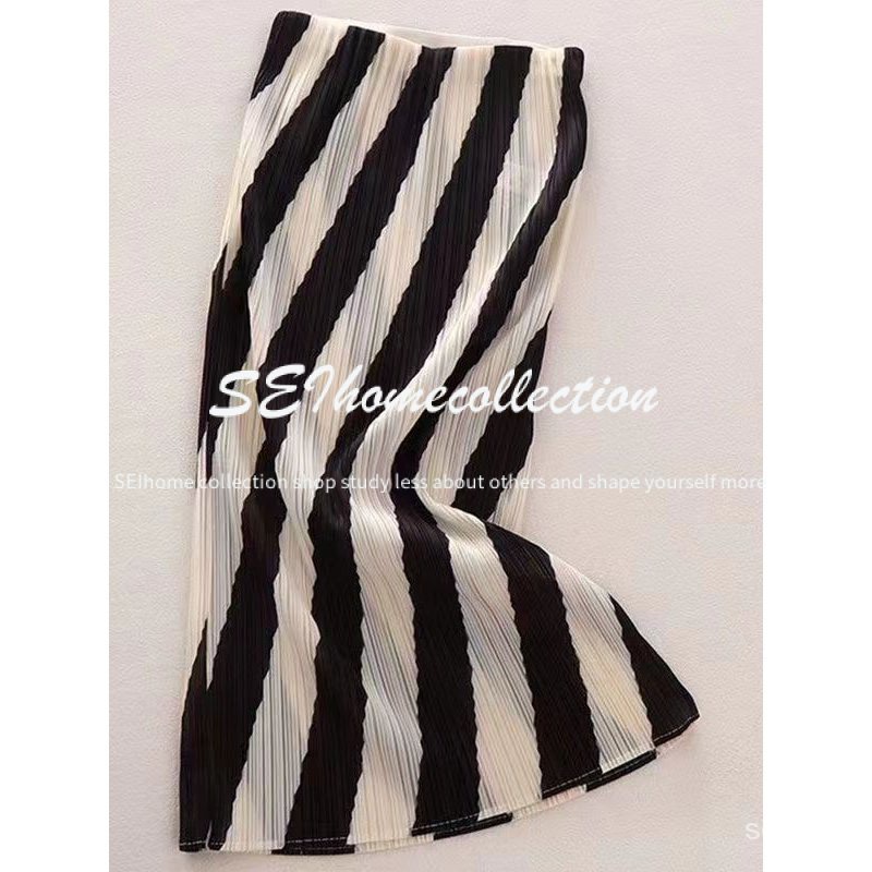 Korean style black and white vertical stripes three house Ice Silk pleated temperament color matching high waist skirt women's summer New