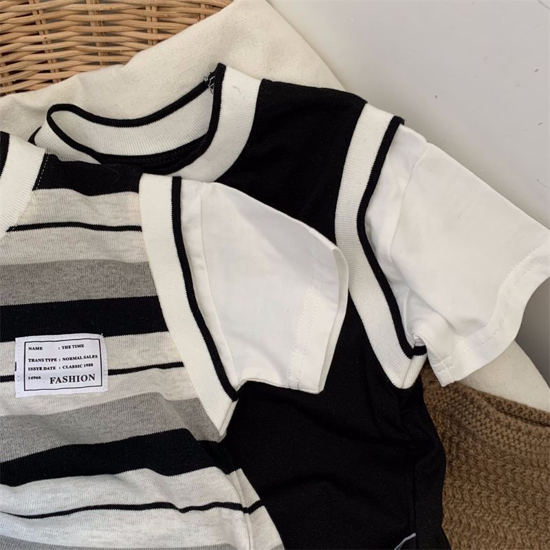 Áo Thun Giả Hai Lớp Tay Ngắn Kẻ Sọc In Hình Mickey Phong Cách Nhật Bản Thời Trang Mùa Hè Hàng Mới Dành Cho Bé Trai Bé Gái