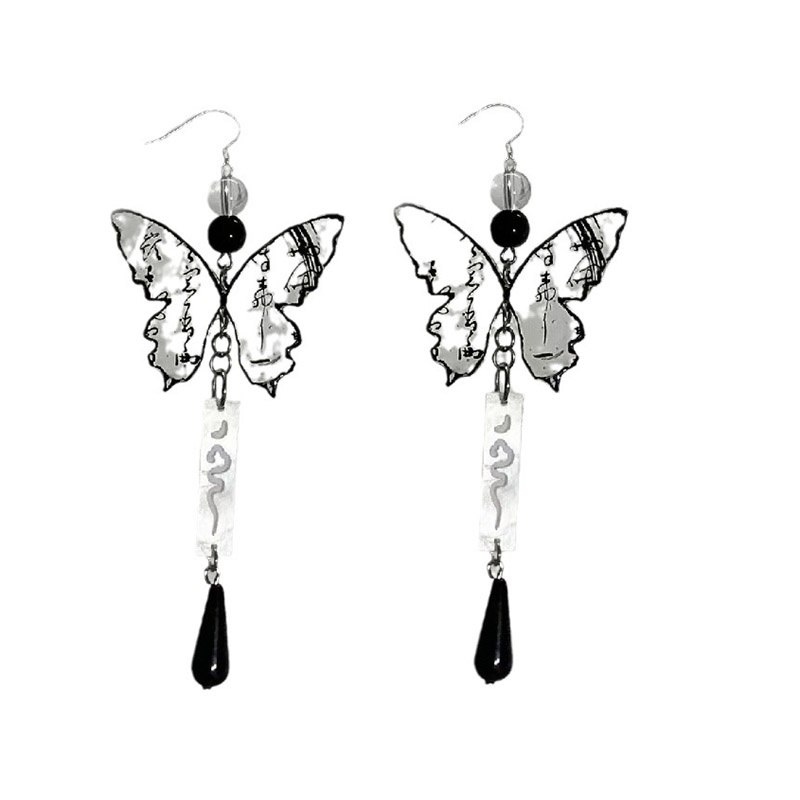 Khuyên Tai Dáng Dài Mặt Hình Bướm Vẽ Mực Nước Phong Cách Trung Hoa Mới