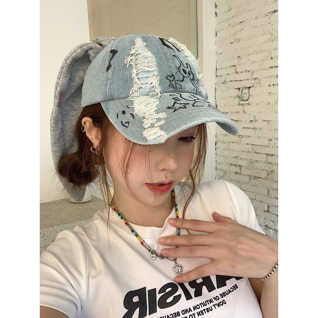 Mũ Bóng Chày Cao Bồi Đính Tai Thỏ Graffiti Phong Cách Cao Bồi Cho Nữ