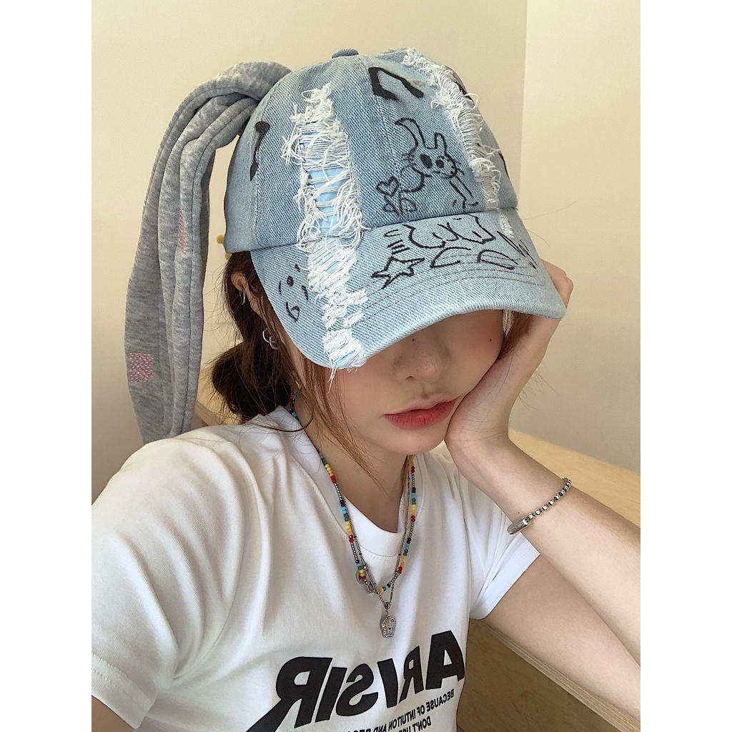 Mũ Bóng Chày Cao Bồi Đính Tai Thỏ Graffiti Phong Cách Cao Bồi Cho Nữ