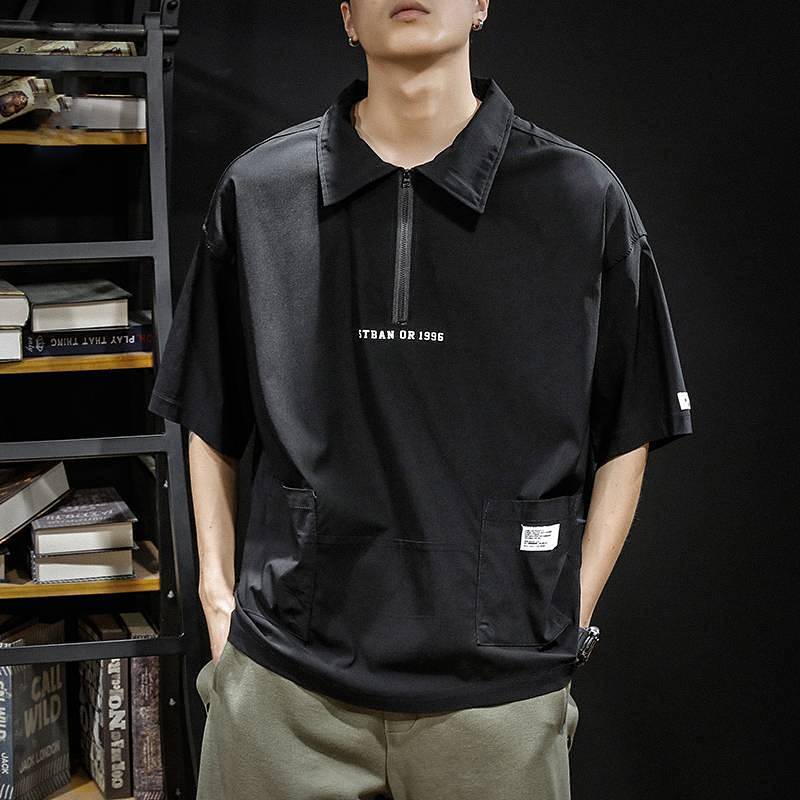 Summer Thin Ice Silk Retro Multi-Pocket Work Pants Lapel Short-Sleeved T-shirt Men's Polo Shirt Loose-Fitting plus Size Half-Length Sleeves Ao6L