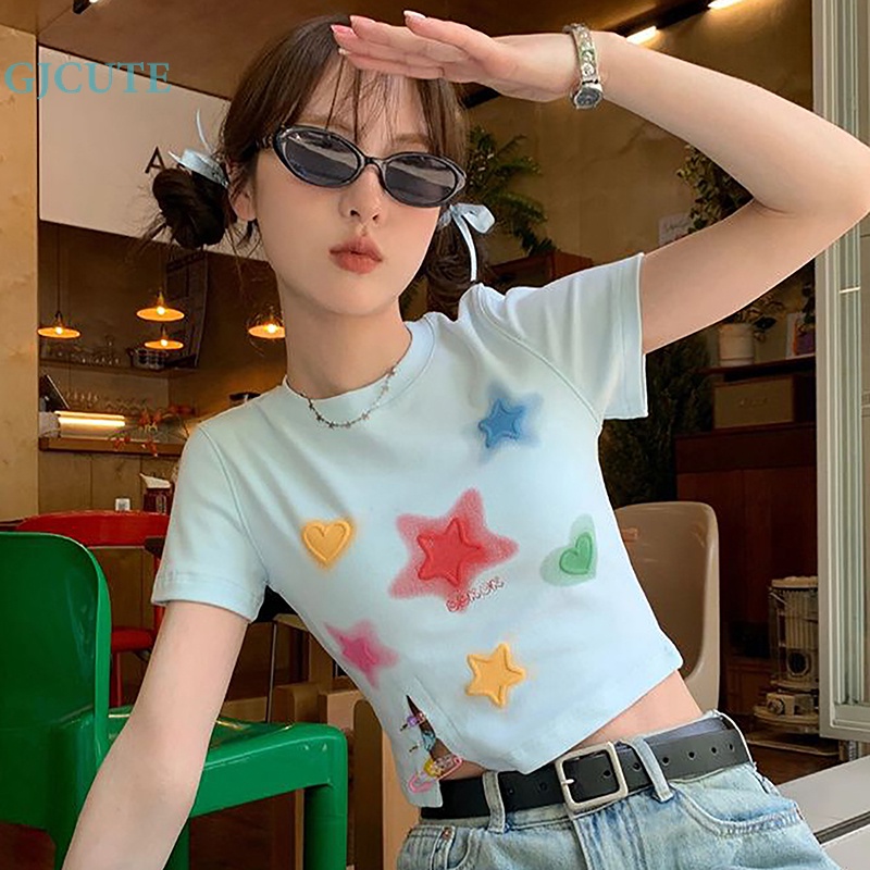 Gjcute summer dopamine stars print t-shirt phụ nữ cổ tròn tay ngắn tay áo mỏng crop top wtd