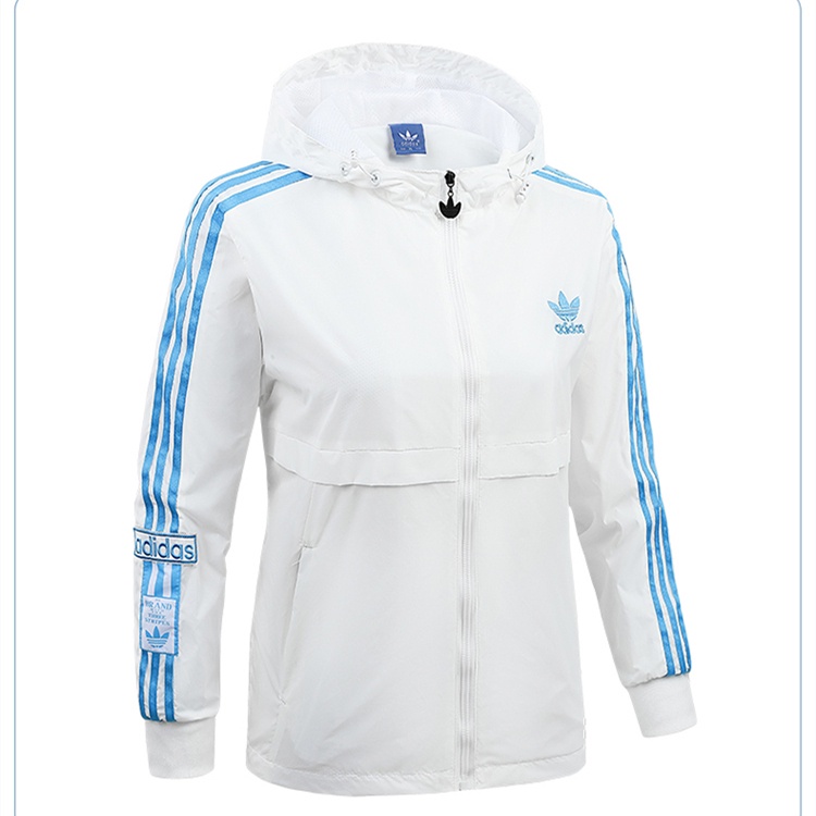 Adidas 100% original clover unisex thêu logo ngoài trời áo gió có mũ trùm đầu không thấm nước cặp đôi áo khoác bỏ túi ba-stripe cổ điển