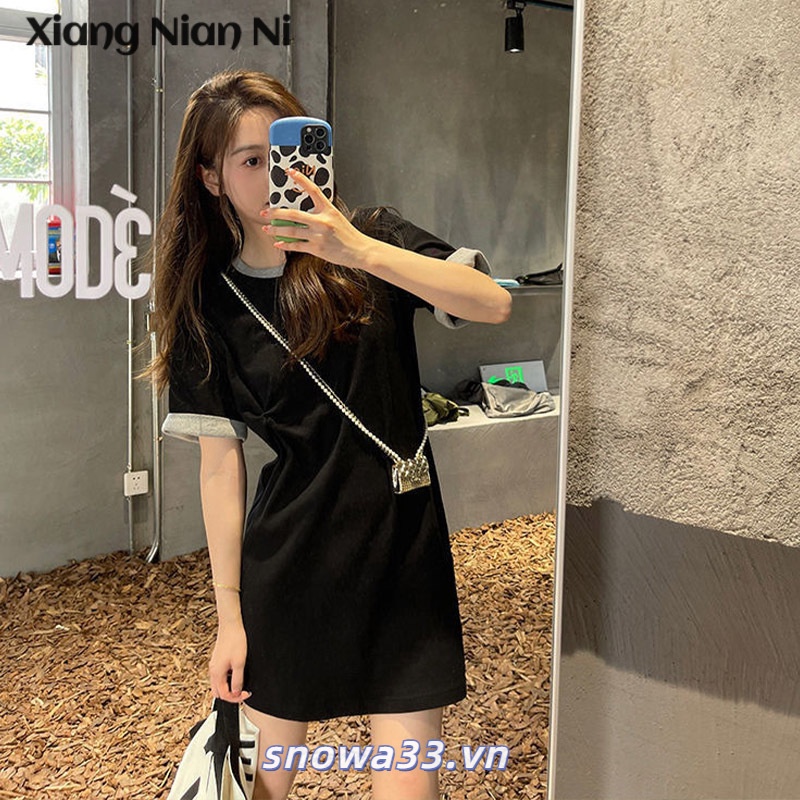 Đầm thun XIANG NIAN NI tay ngắn dáng rộng thời trang phong cách Hàn Quốc năng đậm cho nữ