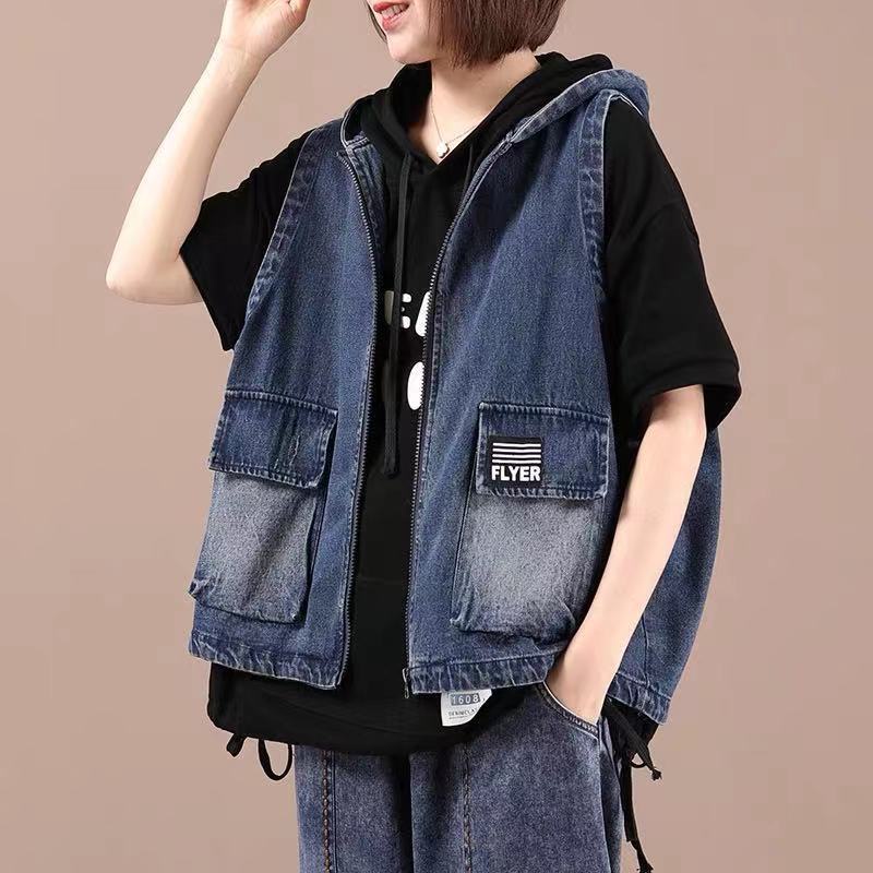 Áo Khoác Denim Không Tay Có Mũ Trùm Thời Trang Retro