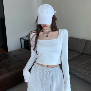 NZN Áo thun nữ dài tay mùa thu cổ vuông