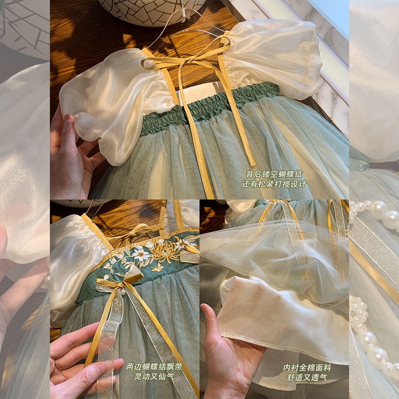 Váy hanfu thêu của cô gái puff sleeve princess dress baby mesh skirt