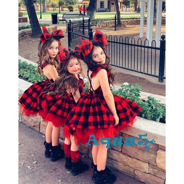 Aqua- set Đầm Không Tay In Họa Tiết Sọc Caro Đỏ Và Băng Đô Cài Tóc Cho Bé Gái