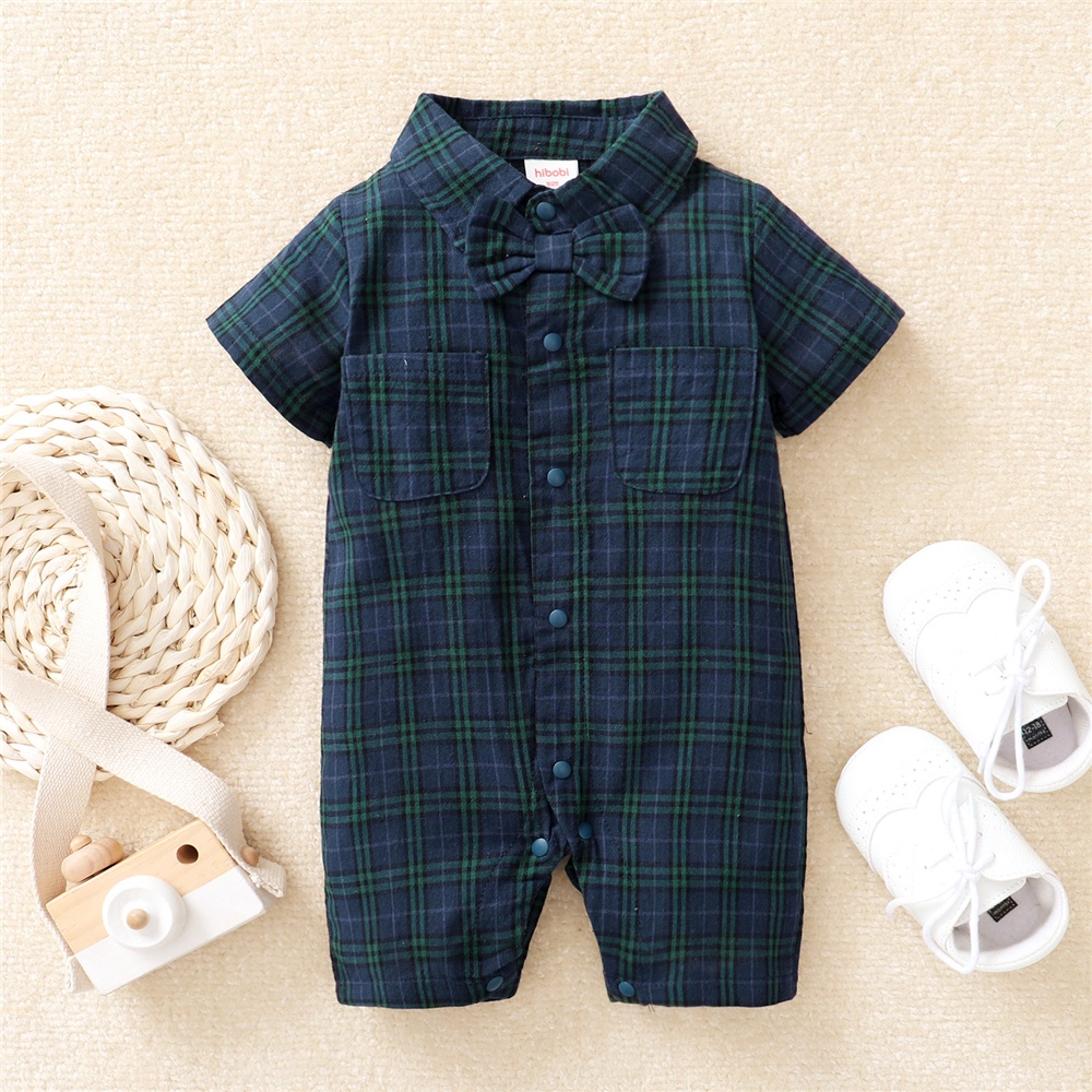 Sơ sinh baby boy gentlemen's bodysuit turn-down tay ngắn kẻ sọc romper Áo liền quần quần áo dự tiệc hàng ngày