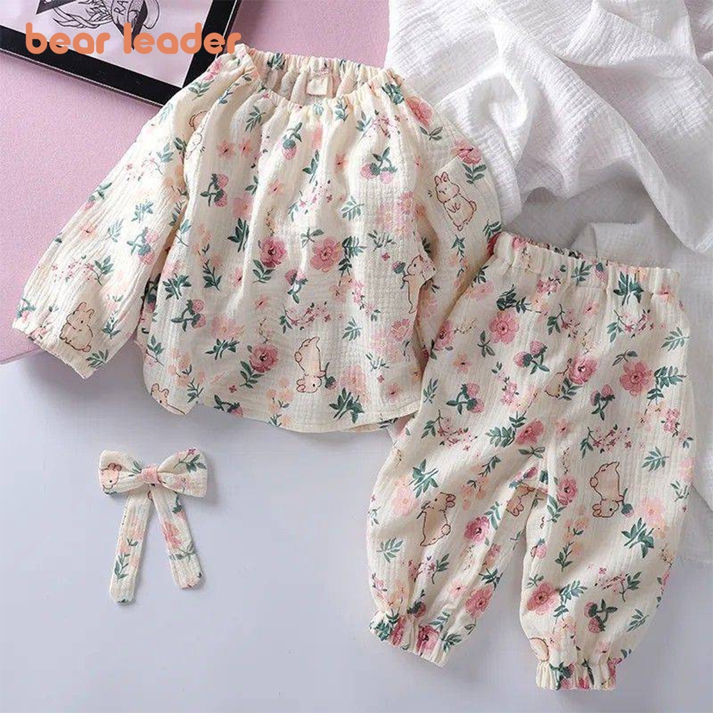 Bear leader baby girl bunny in lỏng mồ hôi thấm hút gạc đồ ngủ 2 miếng bộ cho 1-5 tuổi mùa thu phong cách hàn quốc bộ đồ cho bé gái mặc thường ngày