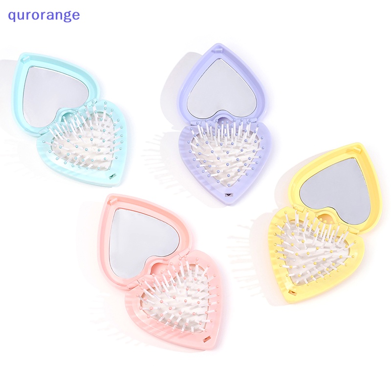 Qurange mini portable folding compact heart pocket hair brush mirror styling accessories ror