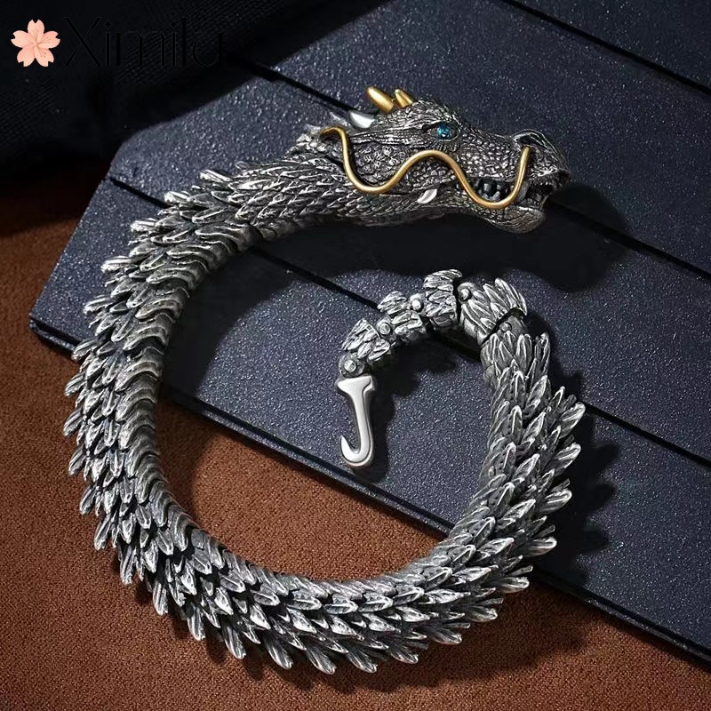 Nguyên bản handmade retro độc đoán đầu rồng vòng tay bạc thái nam keel high-end dragon bracelet trang sức bạc bracelet