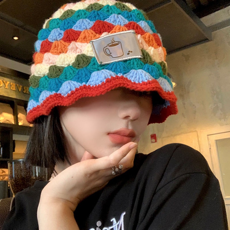 Mũ xô cầu vồng dệt kim hình thoi nữ phiên bản hàn quốc all-match face mũ len nhỏ mũ xô