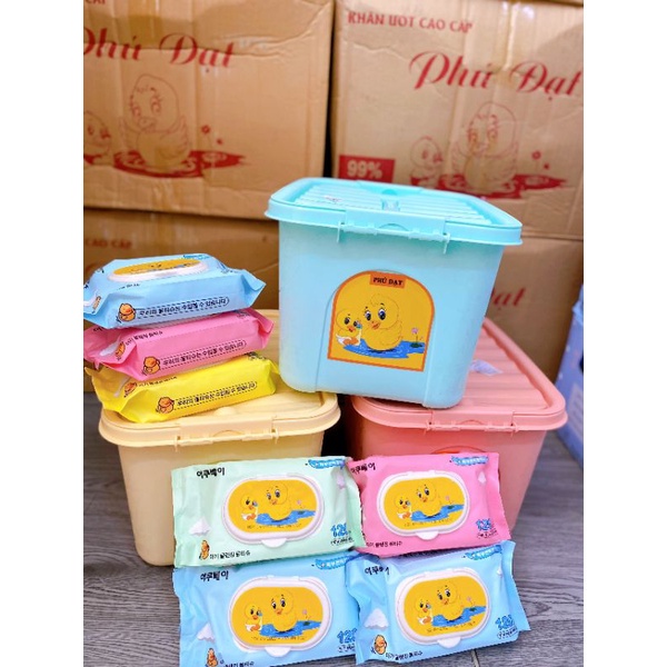 Thùng 10 gói  khăn ướt vịt vàng Phú đạt kháng khuẩn an toàn cho bé