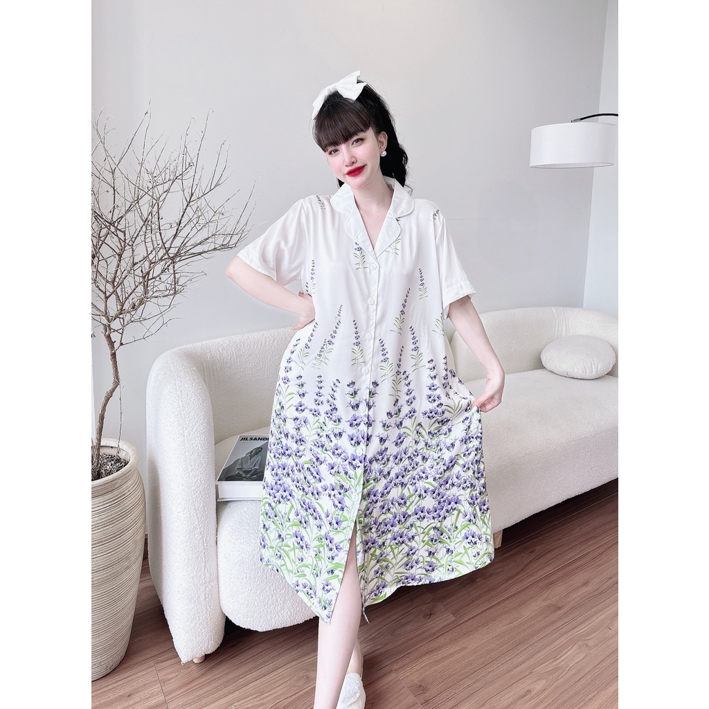 Đầm ngủ sơ mi lụa Olici váy mặc nhà bigsize suông rộng dáng dài in họa tiết 3D cao cấp | BigBuy360 - bigbuy360.vn