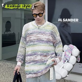 Phong cách vintage|Áo len nam american rainbow color pullover phong cách hàn quốc lazy high-quality loose casual top high-quality fabric