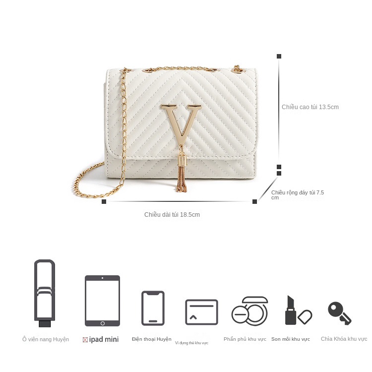 High-end trend women's bag, 2023 túi đeo vai thêu sọc thời trang mới, v-shaped tassel embellished cross-body bag