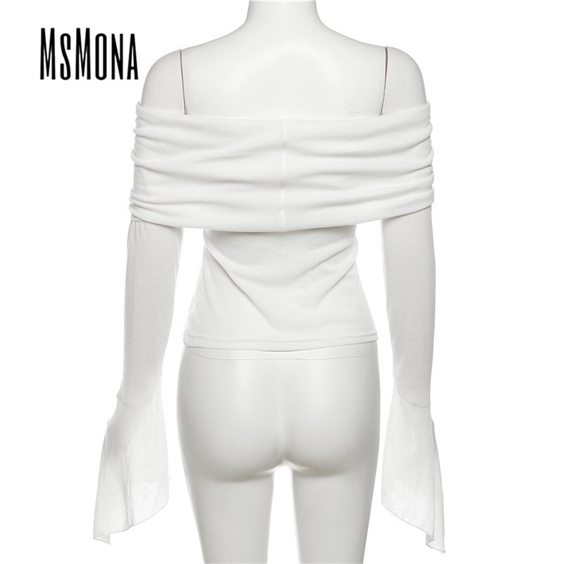 Áo thun nữ MsMona tay dài trễ vai ôm dáng vừa vặn màu trơn sexy thời trang mới 2023