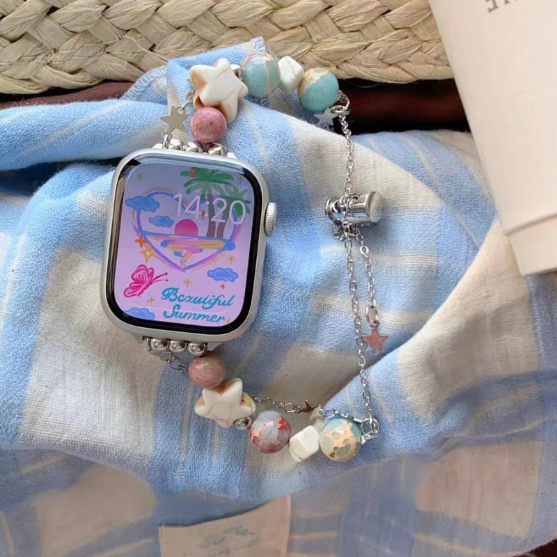 Vòng đeo tay hạt sao cho apple watch band series 7 8 6 5 4 se dây đeo kim loại chuỗi đôi cho i-watch 49mm 38mm 40mm 41mm 44mm 45mm 42mm
