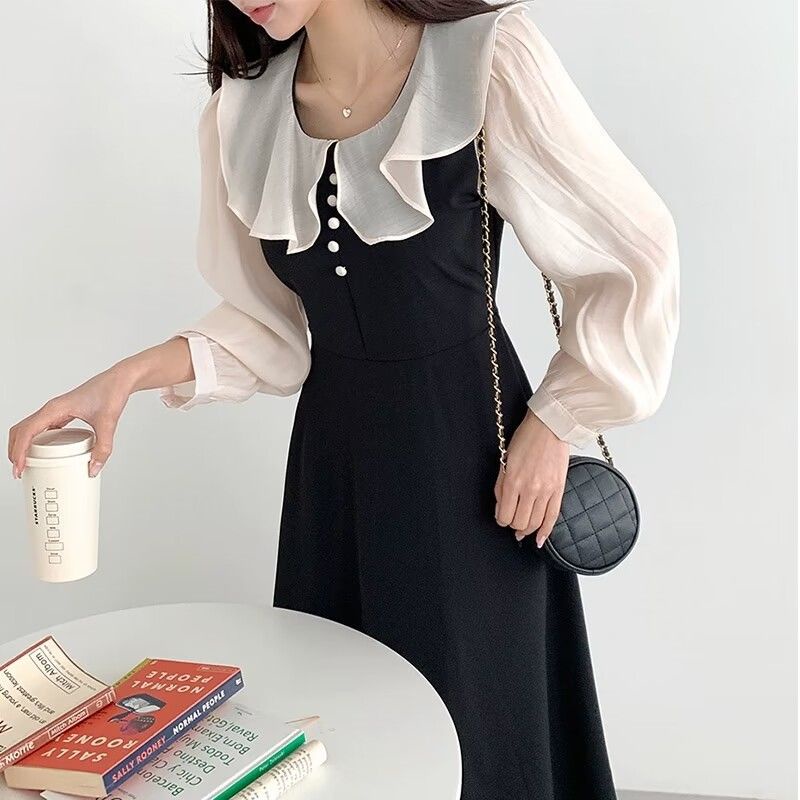 Hàn quốc hàn quốc sang trọng pháp thanh lịch màu tương phản cổ áo lá sen khâu eo hẹp thon gọn hơn nhìn hơi trong suốt tay áo phồng váy dài s
