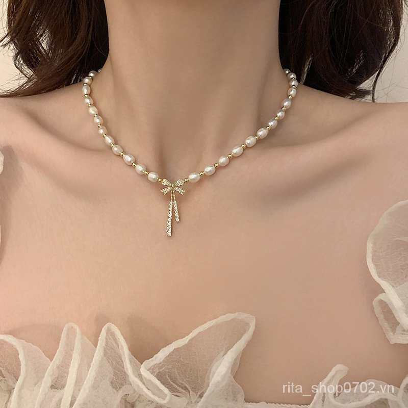2023 phong cách mới cổ điển pháp nơ micro-laying zircon vòng cổ nước ngọt ngọc trai xương đòn chuỗi trang sức thiết kế vòng cổ