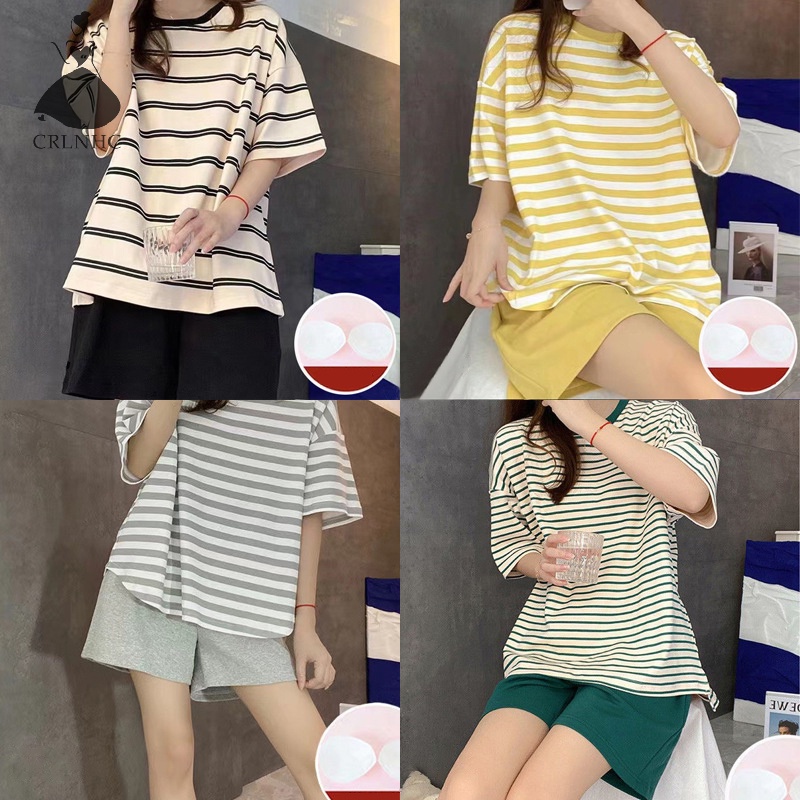 Crlnhc áo t-shirt tay ngắn sọc có đệm ngực quần đùi đồng màu bộ đồ ngủ mặc nhà vn