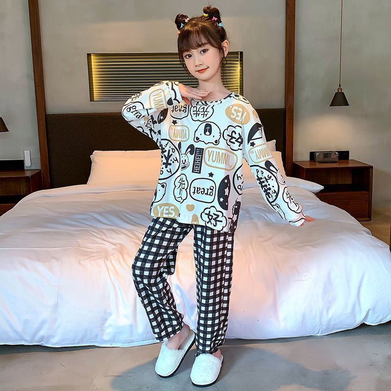 Ready stock phong cách mới đồ ngủ trẻ em bé gái mùa xuân thu bộ đồ cotton tinh khiết vừa lớn trẻ em trẻ em cotton dài tay áo giản dị ở nhà bé gái quần áo mặc nhà xjrp