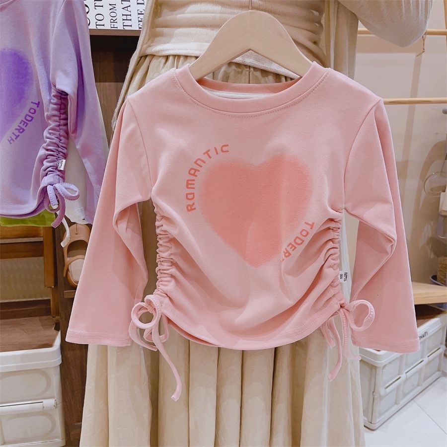 Áo Thun Tay Dài Mùa Thu 2023 Có Dây Rút In Họa Tiết Trái Tim Phong Cách Công Chúa Mới Cho Bé Gái