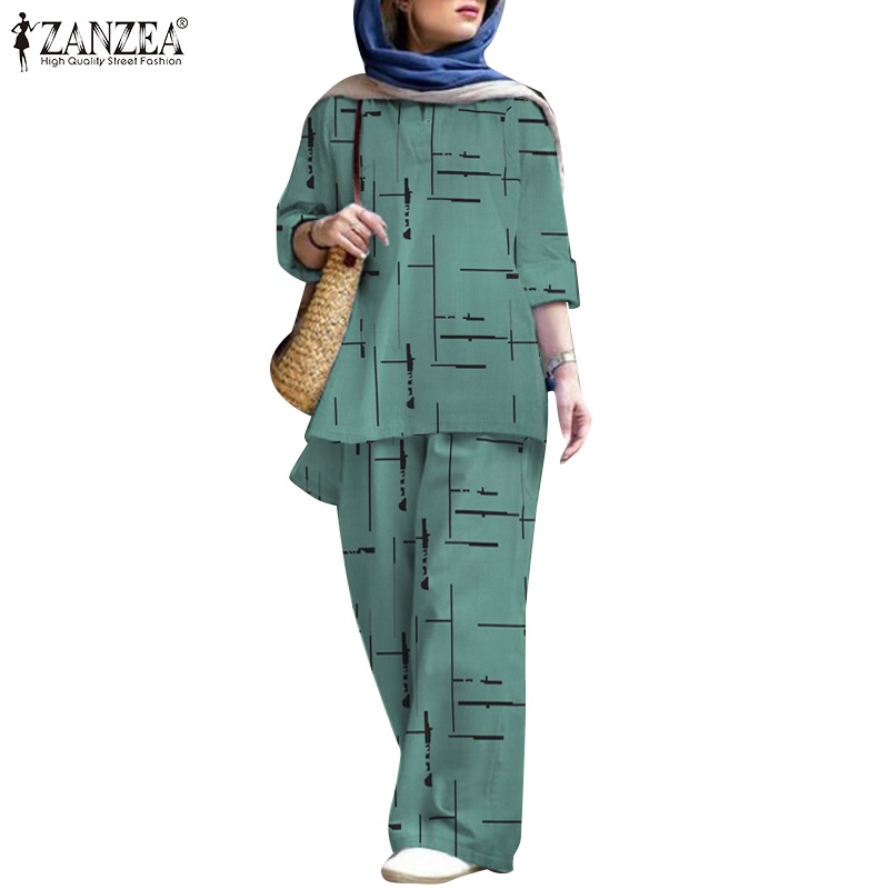 ZANZEA Set Áo Thun Ngắn Tay Cổ Chữ V + Quần Dài Lưng Thun Ống Rộng Thời Trang Nữ