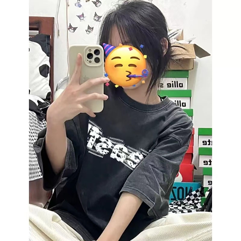 NRVP Áo Thun Đen 100% Cotton Tay Ngắn Dáng Rộng In Hoạ Tiết Độc Đáo