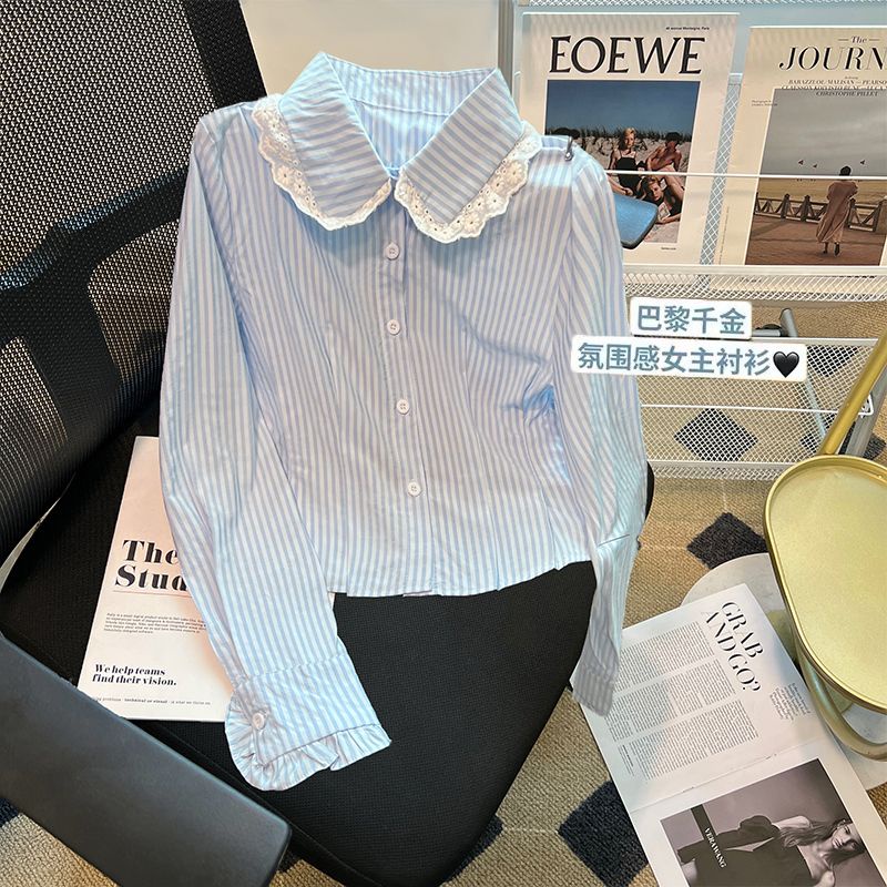 Áo Sơ Mi Tay Dài Cổ Ren Họa Tiết Kẻ Sọc Màu Xanh Dương Phong Cách Preppy Mới Dễ Phối Đồ Cho Nữ