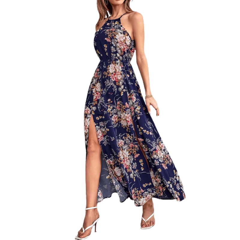 Xiangbao Đầm Dài Dáng Chữ A In Hoa Cổ Yếm Gợi Cảm Đi Biển Cho Nữ