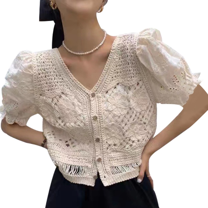 Áo Voan Dệt Kim Ngắn Tay Cổ Chữ V Phối Nút Xinh Xắn Thời Trang