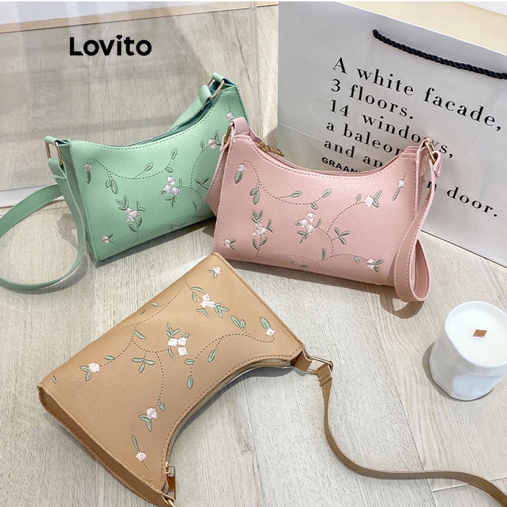 Túi đeo vai LOVITO nhỏ thêu hoa thanh lịch cho nữ L48BA026 (kaki/ trắng/ hồng/ xanh lá/ đen)