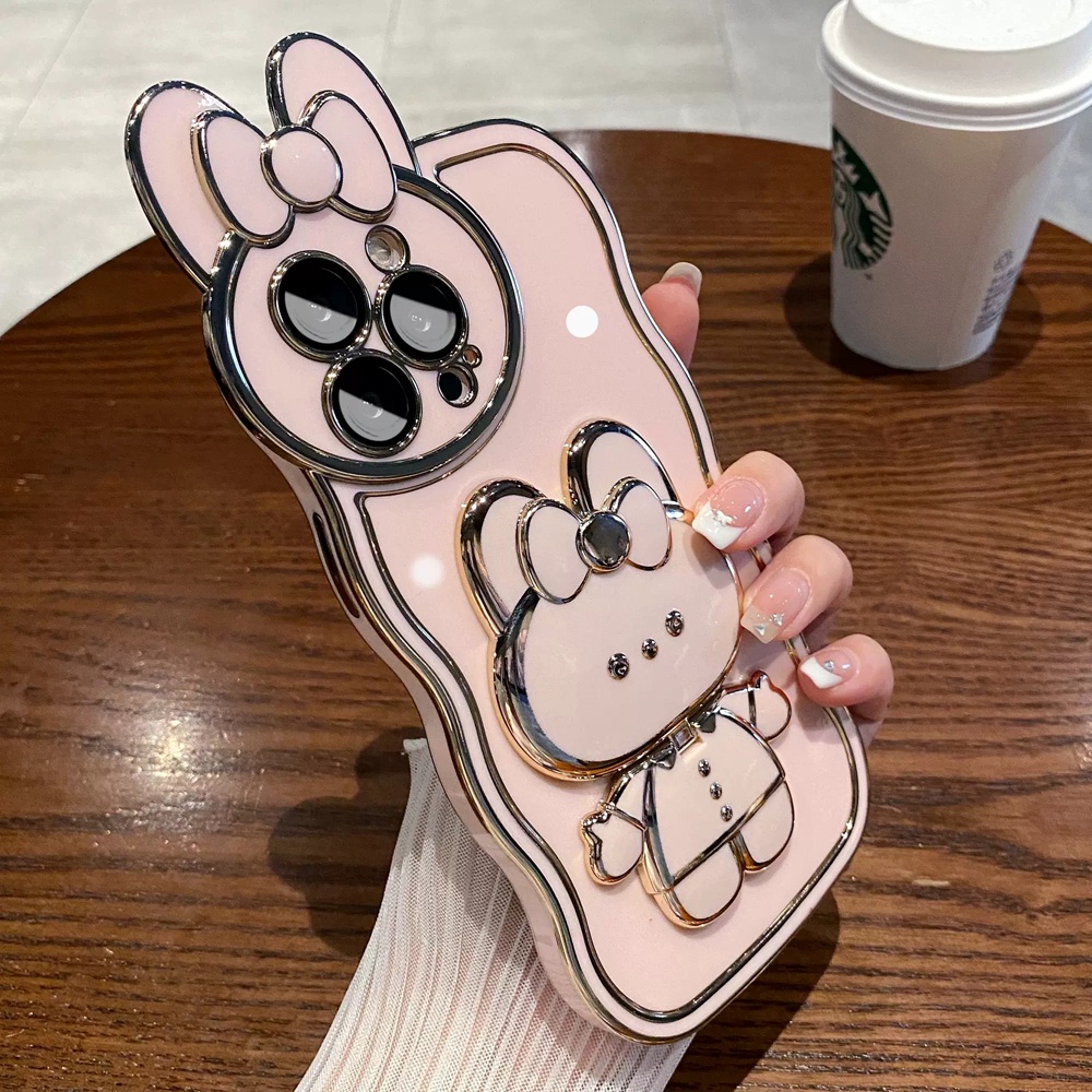 Ốp Điện Thoại Dẻo Viền Vuông Tráng Gương Họa Tiết Hoạt Hình Chú Thỏ Kèm Giá Đỡ Cho iPhone 14 13 12 Pro Max