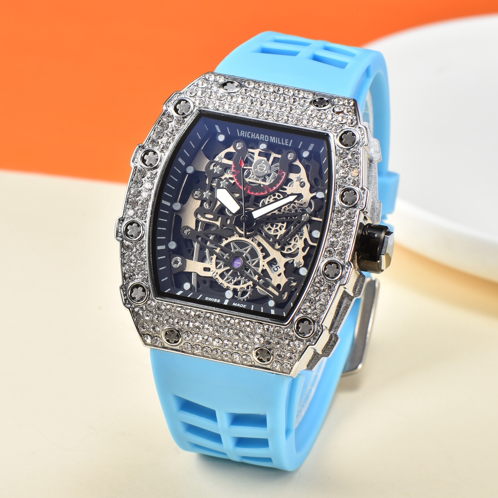 Đồng hồ đeo tay máy quartz nam dây cao su mặt đính kim cương thời trang