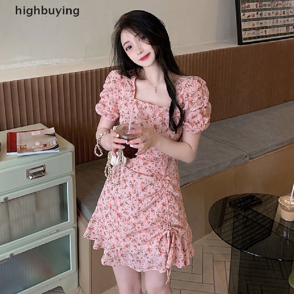 Đầm Mini Cổ Vuông Tay Phồng In Hoa Phối Dây Rút Thời Trang Hàn Quốc Thanh Lịch Cho Nữ