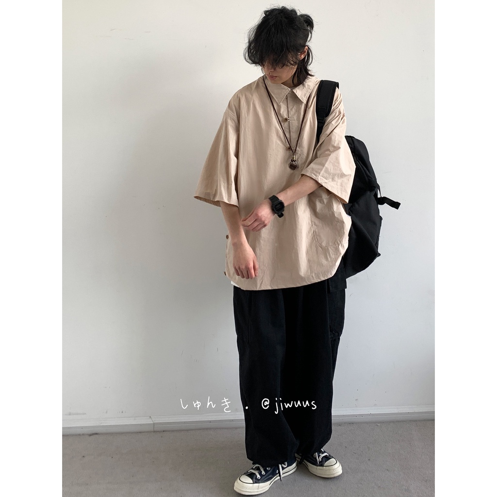 Áo Sơ Mi Xanh Navy Ngắn Tay Dáng Rộng Phong Cách Retro Mùa Hè Cho Nam Nữ