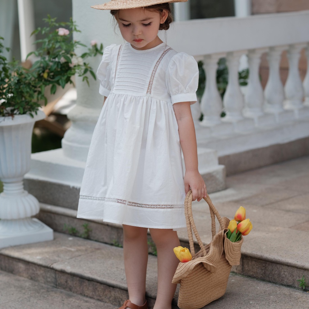 Giao ngay & Miễn phí Vận chuyển Bé gái Đầm ren xếp li Mây trắng Cotton Pháp Little White Dress Đầm công chúa bé gái