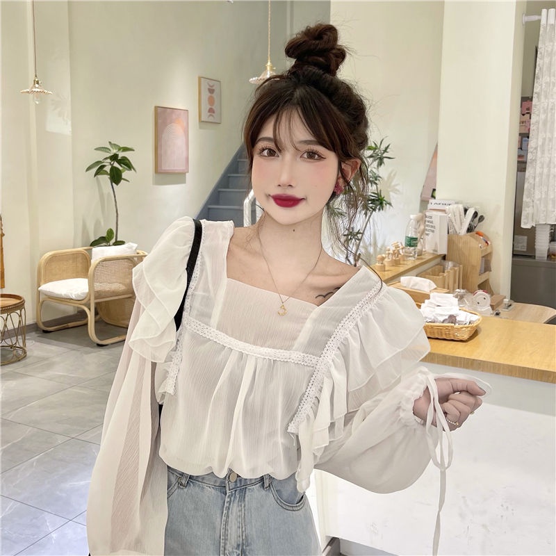 IELGY Áo Sơ Mi Dài Tay Cổ Vuông Phối Bèo Ngọt Ngào Thời Trang Cho Nữ