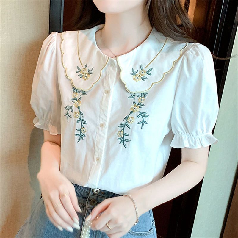Áo Sơ Mi Ngắn Tay Cổ Búp Bê Thêu Họa Tiết Thời Trang Mùa Hè Cho Nữ