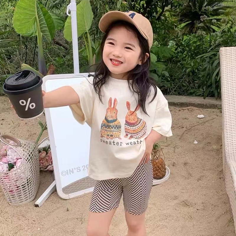 Áo Thun cotton Tay Lửng Dáng Rộng In Họa Tiết Hoạt Hình Dễ Thương Thời Trang Mùa Hè Cho Bé Gái