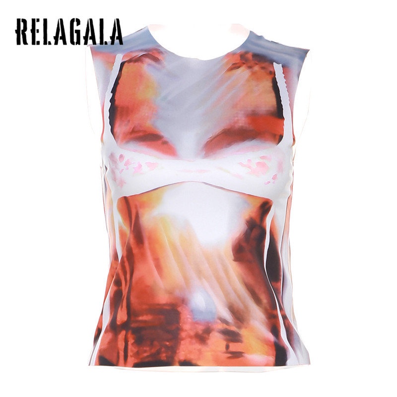Áo Tank Top Sát Nách Cổ Tròn Dáng Ôm In Họa Tiết Thời Trang 2023 Cho Bạn Gái