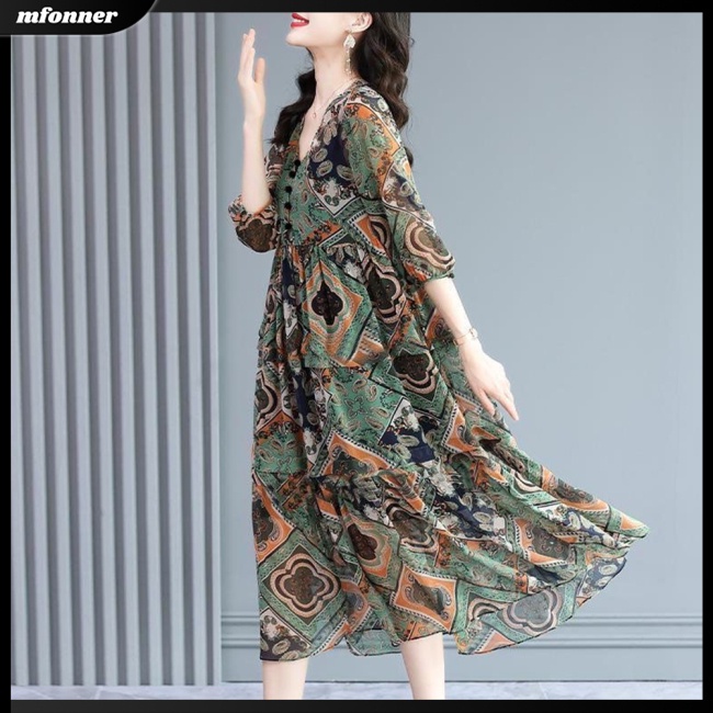 Đầm Tay Ngắn Cổ Chữ V In Họa Tiết Retro Thời Trang Dành Cho Nữ