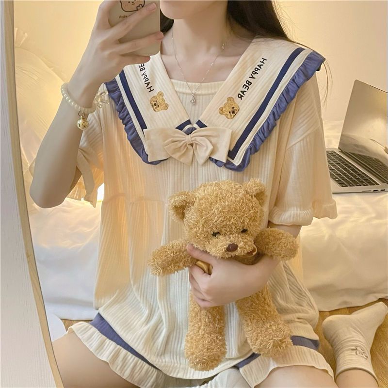 Bộ Đồ Ngủ Tay Ngắn Phối Bèo Đính Nơ Họa Tiết Hoạt Hình Dễ Thương Thời Trang Mùa Hè Cho Nữ