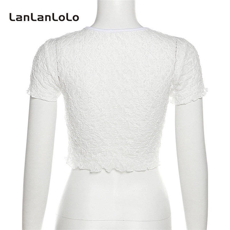 Áo thun LanLanLoLo tay ngắn cổ tròn màu trơn phối lưới nhìn thấu thời trang 2023 cho nữ